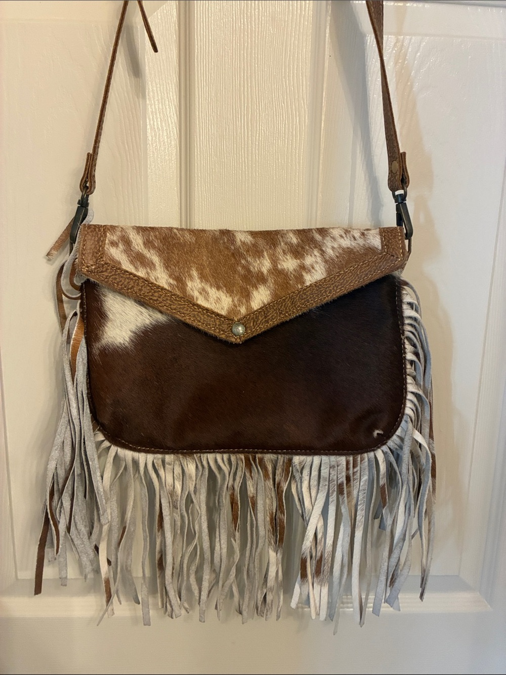 Myra Bag Brown and White Cowhide Fringe‎ Crossbody